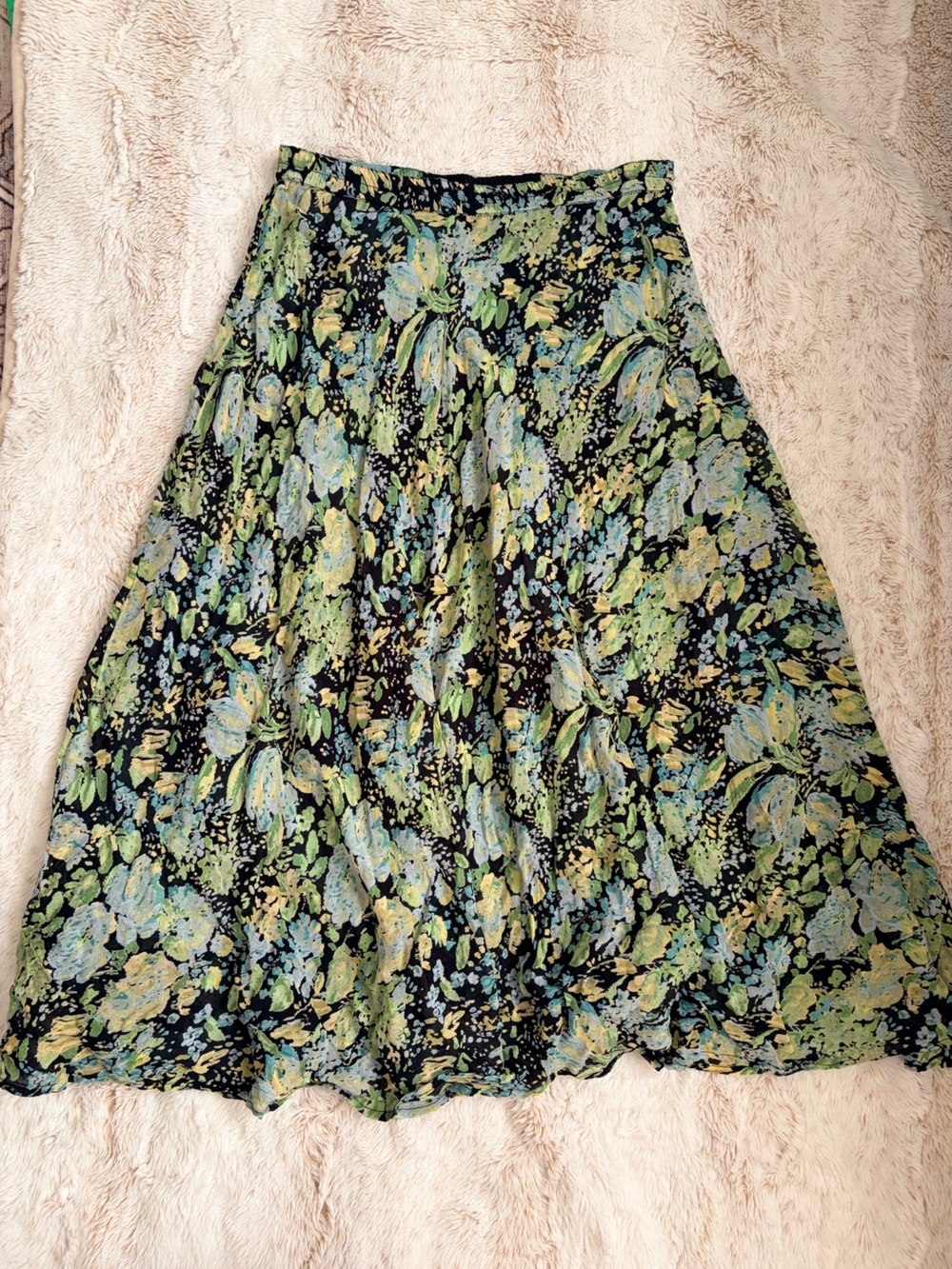 Vintage Black Floral Midi Skirt with Green and Blue Print